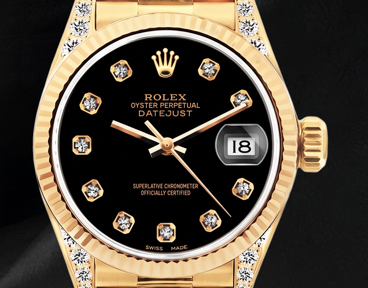 Datejust Rolex 26mm 69178 Black Diamond Dial Yellow Gold Watch 18K