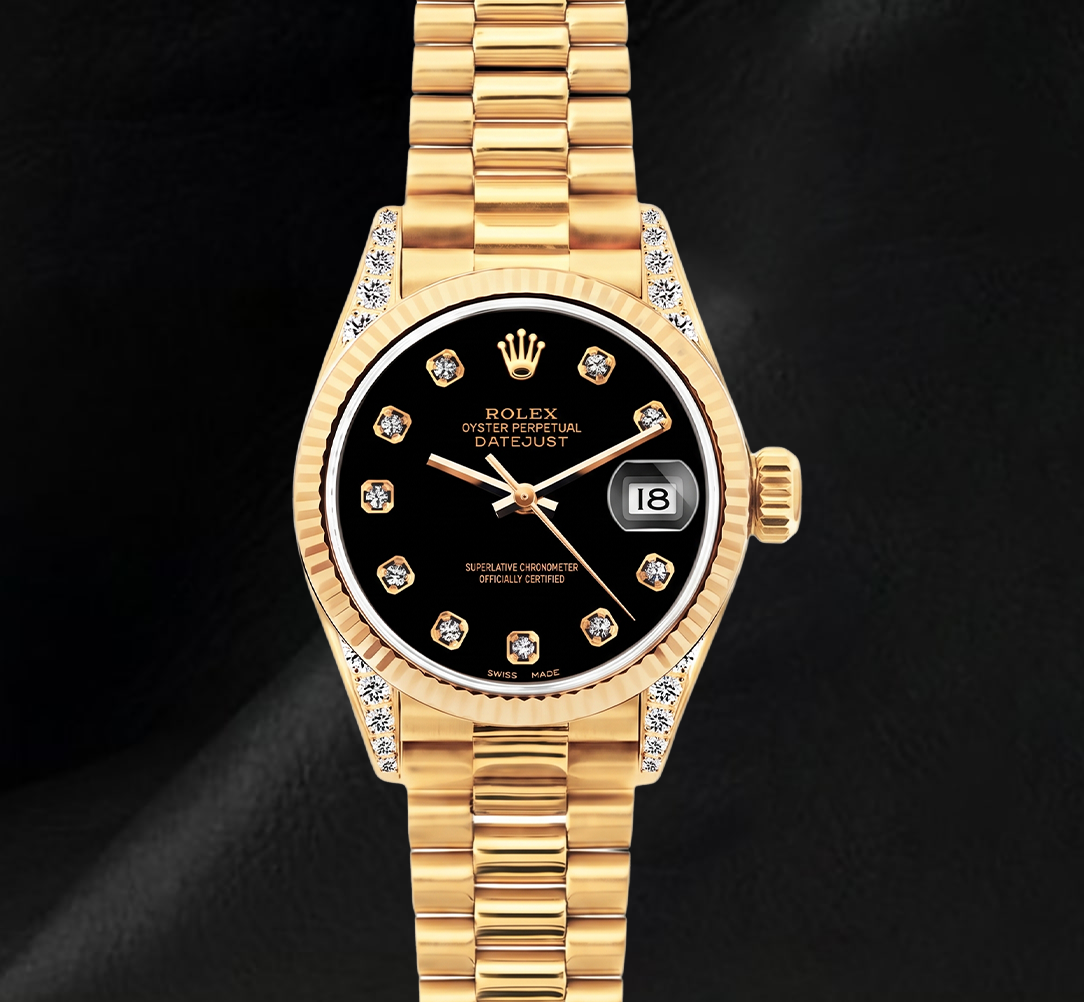 Datejust Rolex 26mm 69178 Black Diamond Dial Yellow Gold Watch 18K
