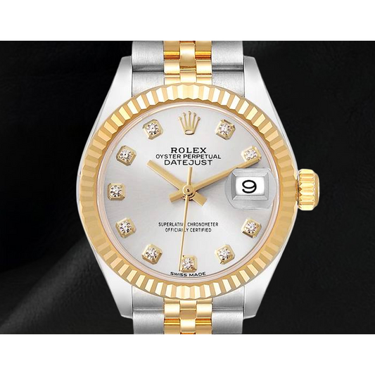 Datejust Rolex 26 mm Silver Diamond Dial Two Tone Ladies Watch 179173