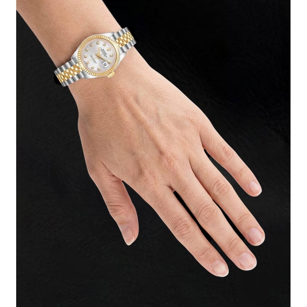 Datejust Rolex 28 mm Silver Diamond Dial Two Tone Ladies Watch 279173
