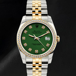 Datejust Rolex 36mm 16013 Green Diamond Dial Diamond Bezel Two Tone Watch