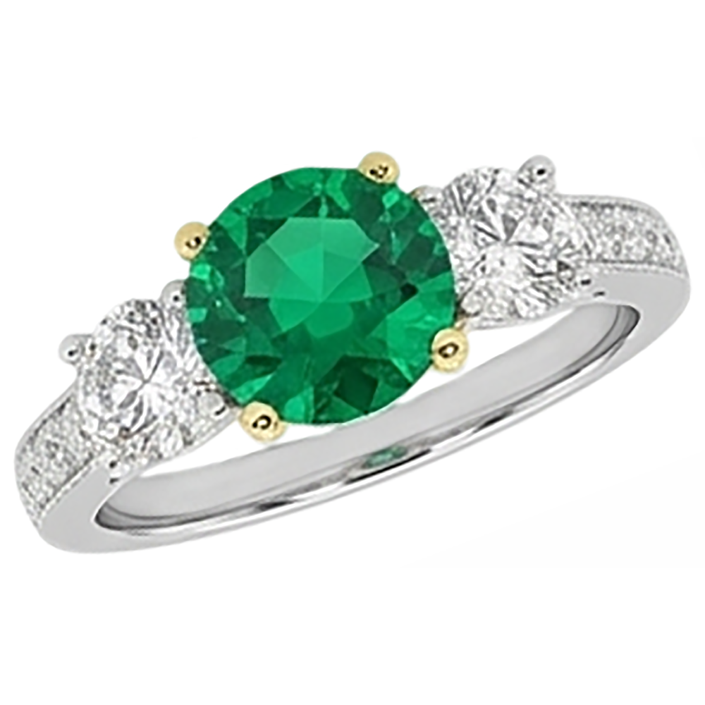 Fine Emerald Round Cut Gemstone Ring in Two-Tone 14K Gold – side view