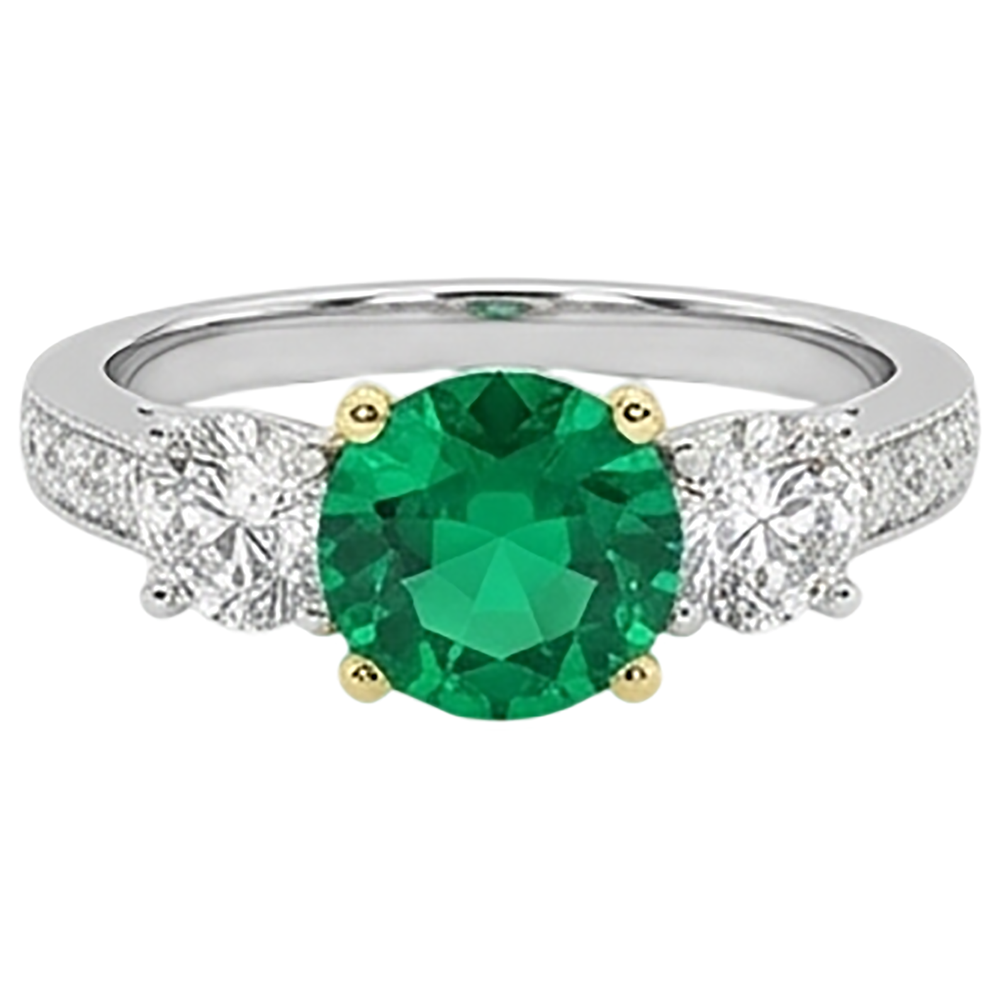 Round Cut Fine Emerald ring in Two-Tone 14K Gold – front view