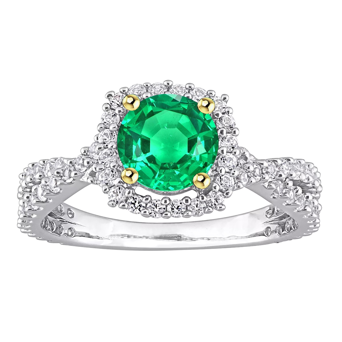 Fine Emerald Round Cut Gemstone Ring in Two-Tone 14K Gold – main view