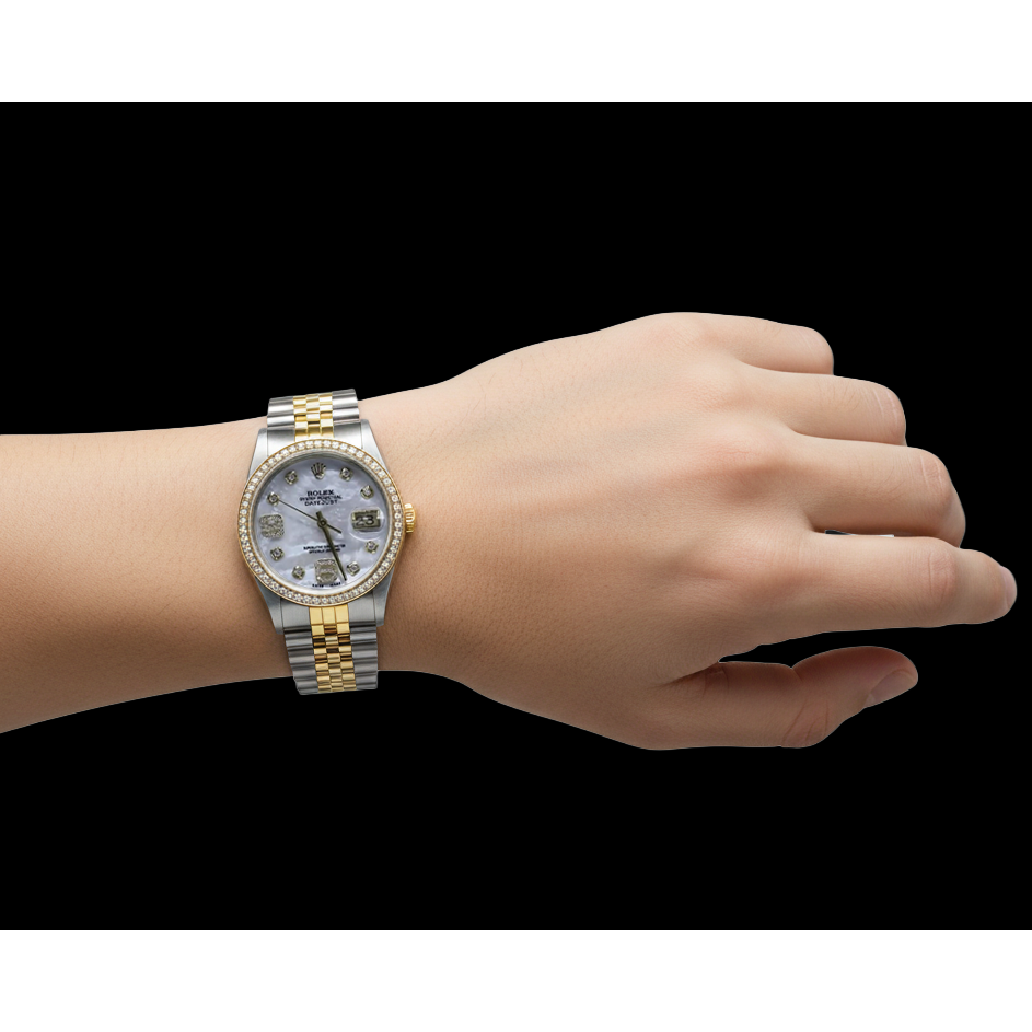 Diamond Bezel Rolex 34 Mm Date Watch Covered 2 Ct. Custom Diamond Two Tone