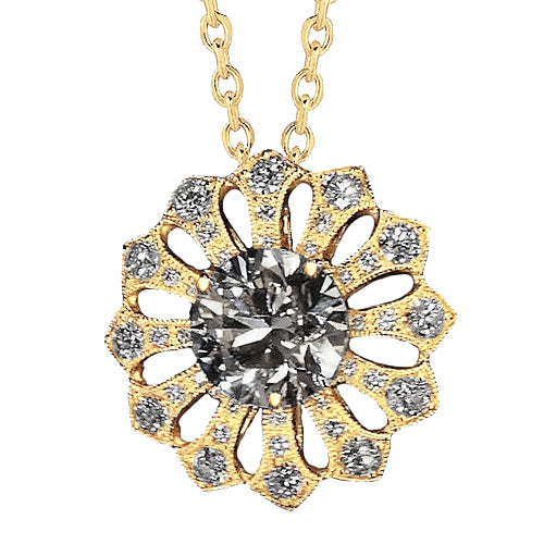 Diamond Flower Pendant Real 3 Carats Yellow Gold 14K