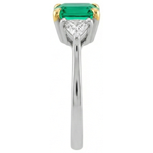 Fine Emerald Cushion Gemstone Ring in 14 Karat Two Tone Gold – side view