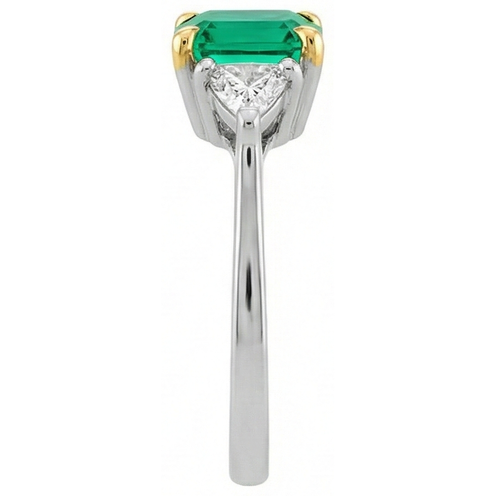 Fine Emerald Cushion Gemstone Ring in 14 Karat Two Tone Gold – side view