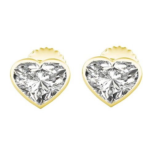 Diamond Heart Stud Earrings Bezel Set Yellow Gold