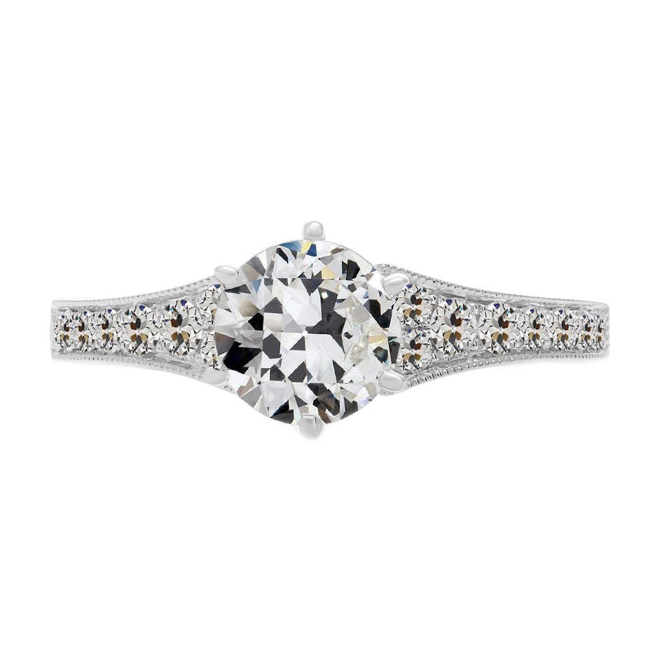 Diamond Antique Cushion Solitaire with Side Stones in 14K White Gold – main view