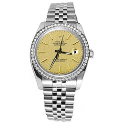 Natural Earth Mined Diamond Bezel Champagne Stickdial Datejust Rolex Ss Jubilee Watch QUICK SET
