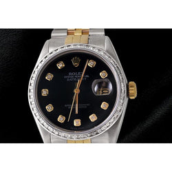 Diamond Bezel Men Rolex Watch Black Diamond Dial Datejust Bracelet