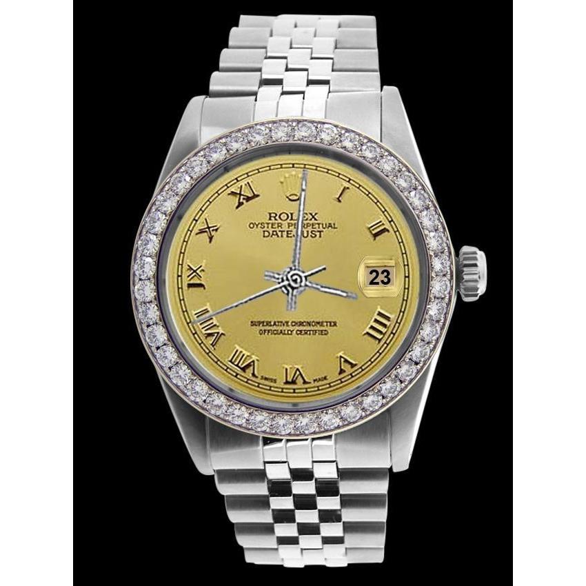 Diamond Bezel Rolex Ss Champagne Roman Dial Datejust Men Watch QUICK SET