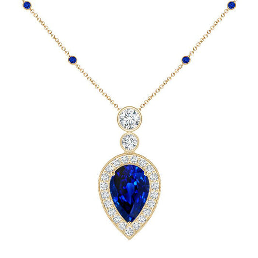 Cornflower Blue Sapphire Pear Cut Stone Pendant Necklace in 14 Karat Yellow Gold – main view