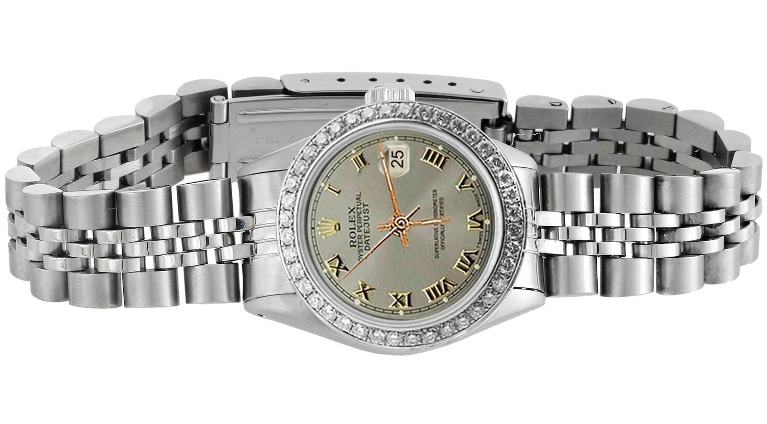 Diamond Bezel Gray Roman Women Rolex Watch Ss Jubilee Bracelet