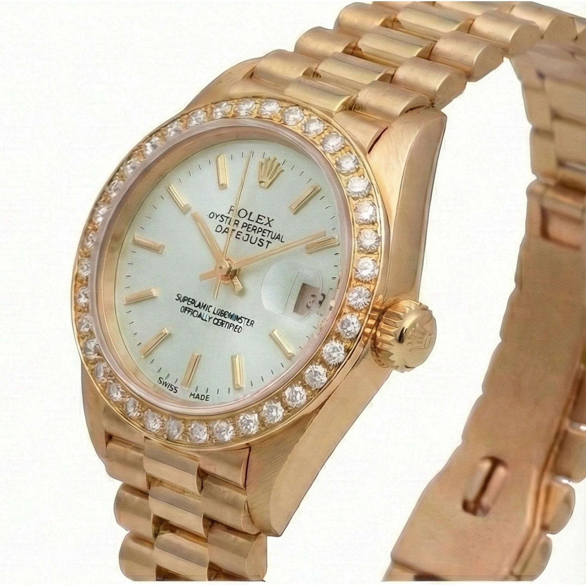 Diamond Bezel Rolex Dj Presidential Style Watch White Stick Dial Yellow Gold