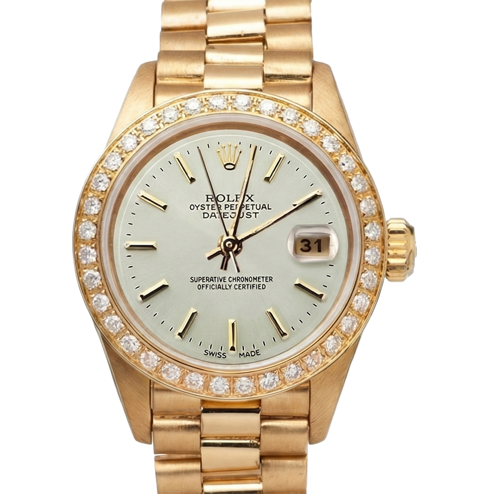 Diamond Bezel Rolex Dj Presidential Style Watch White Stick Dial Yellow Gold