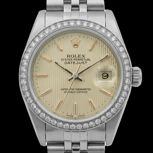 Diamond Bezel Ss Tapestry Stick Dial Rolex Ladies Datejust Watch
