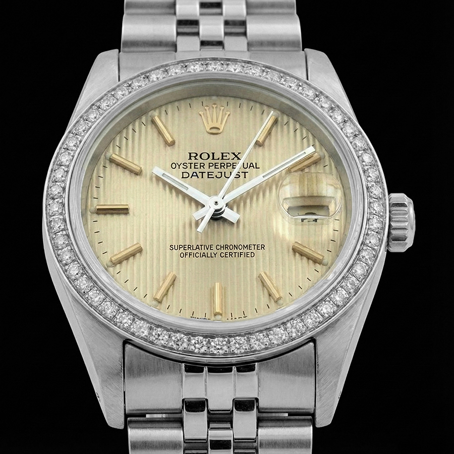 Diamond Bezel Ss Tapestry Stick Dial Rolex Ladies Datejust Watch