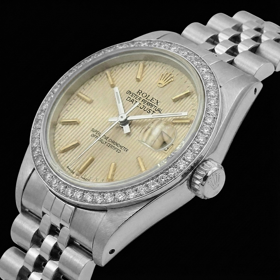 Diamond Bezel Ss Tapestry Stick Dial Rolex Ladies Datejust Watch
