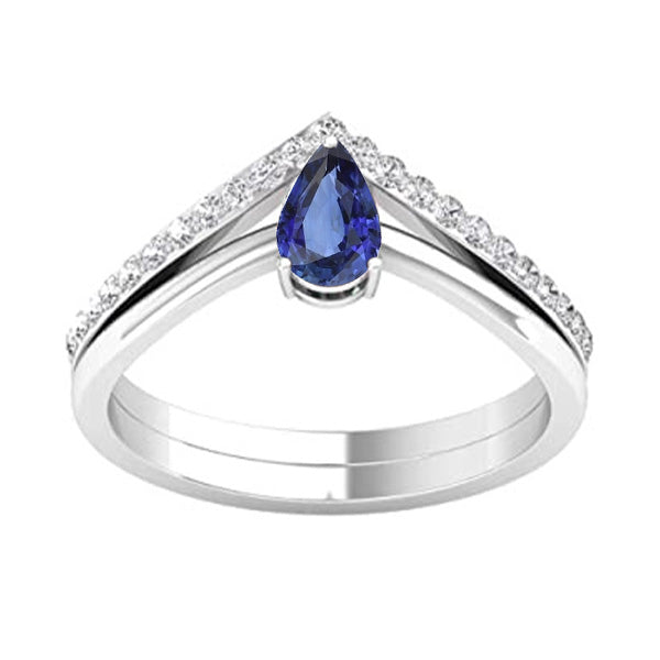 Diamond Wedding Band & Pear Solitaire Blue Sapphire Ring Set 