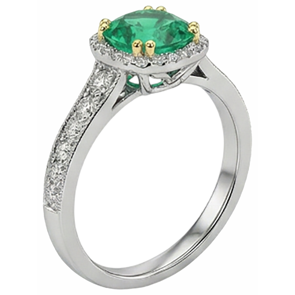 Emerald Round Brilliant Gemstone Ring in Two-Tone 14K Gold – profile view