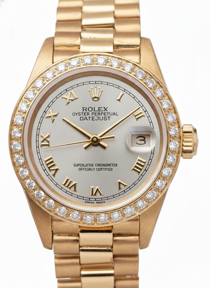 Dj Rolex Gold President Style Watch White Roman Dial Natural Earth Mined Diamond Bezel