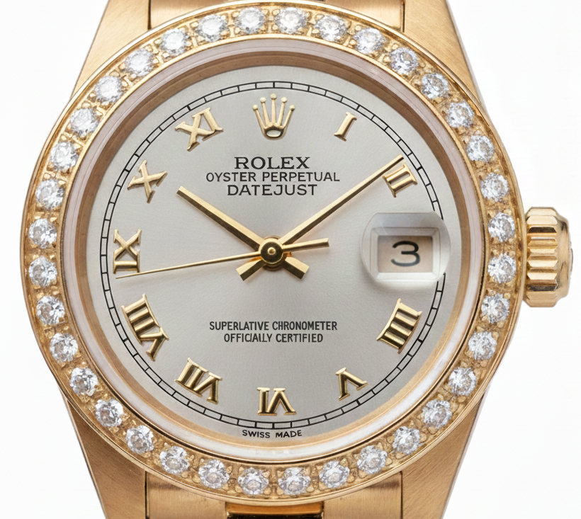 Dj Rolex Gold President Style Watch White Roman Dial Natural Earth Mined Diamond Bezel