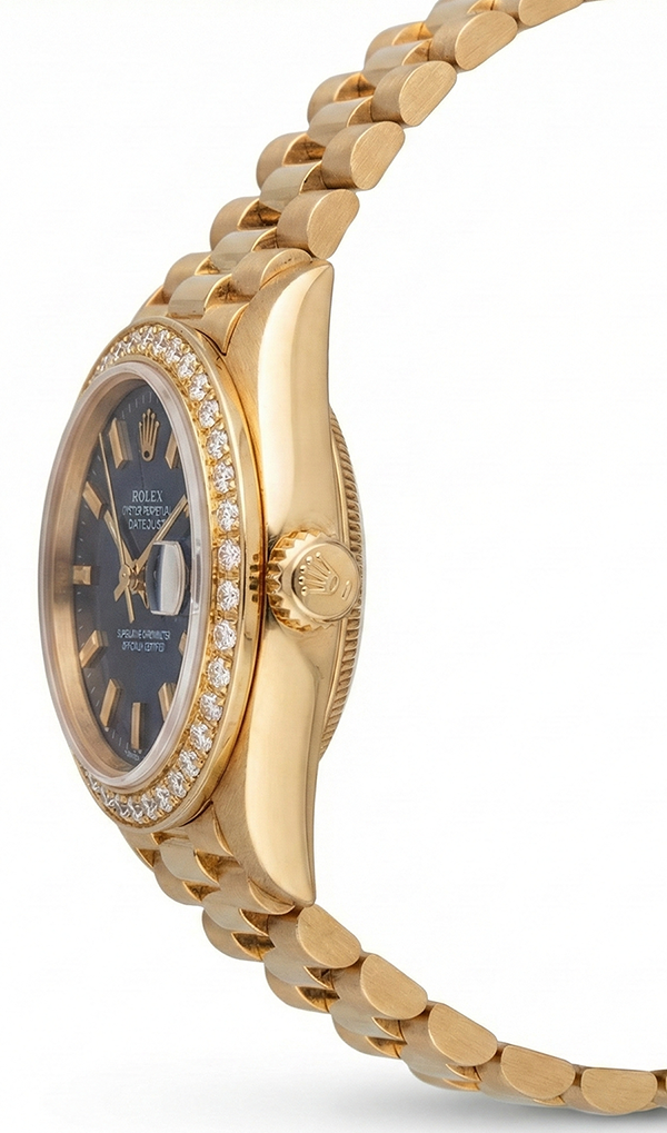 Dj Rolex Presidential Style Watch Blue Stick Dial Natural Earth Mined Diamond Bezel