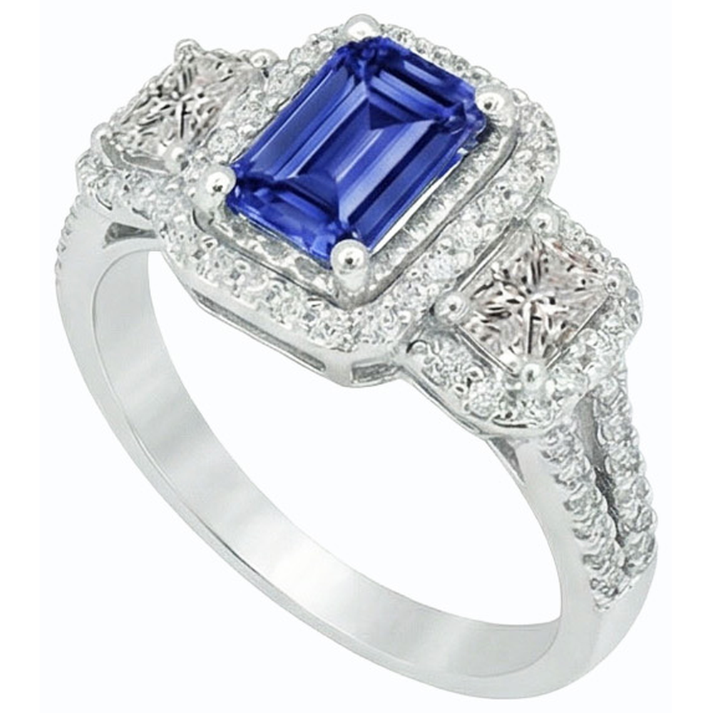 Double Halo Blue Sapphire Ring Radiant & Round Natural Earth Mined Diamonds 3.50 Carats