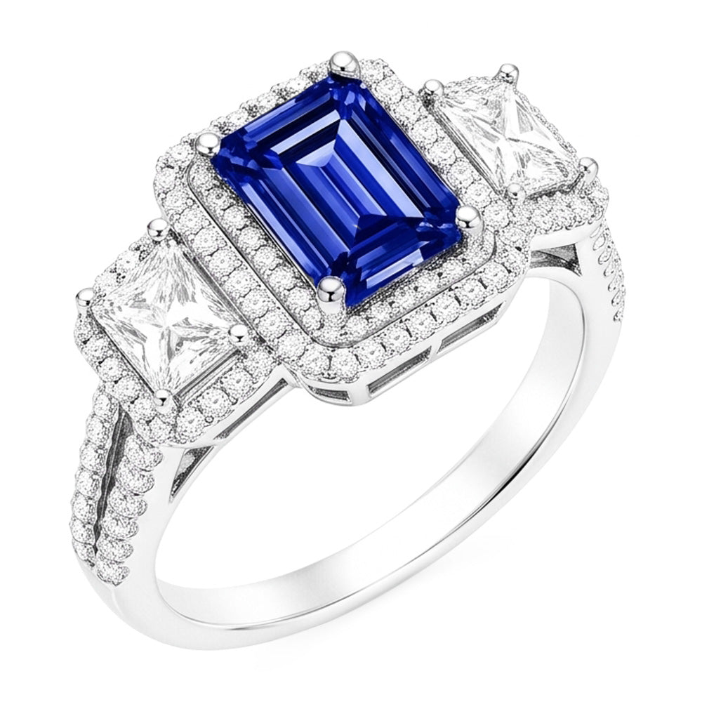 Double Halo Blue Sapphire Ring Radiant & Round Natural Earth Mined Diamonds 3.50 Carats