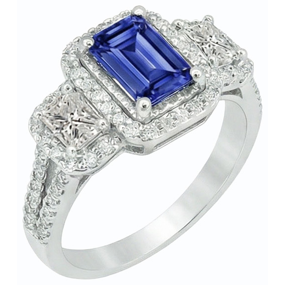 Double Halo Blue Sapphire Ring Radiant & Round Natural Earth Mined Diamonds 3.50 Carats