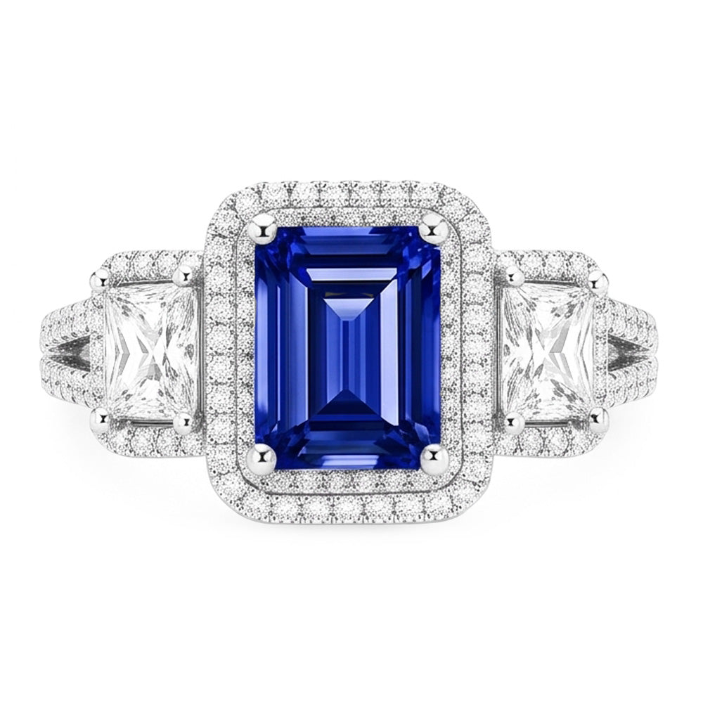 Double Halo Blue Sapphire Ring Radiant & Round Natural Earth Mined Diamonds 3.50 Carats