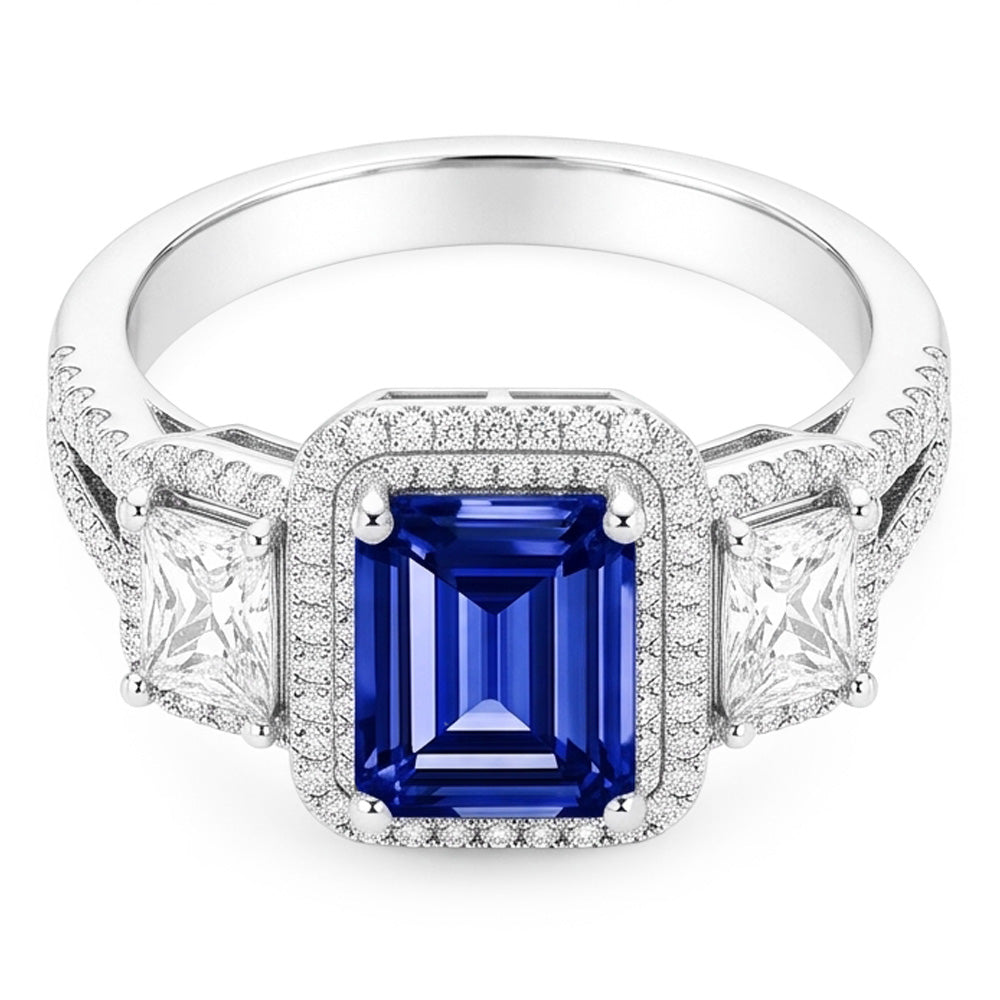 Double Halo Blue Sapphire Ring Radiant & Round Natural Earth Mined Diamonds 3.50 Carats