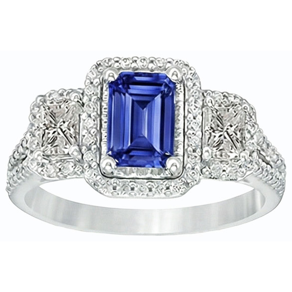 Double Halo Blue Sapphire Ring Radiant & Round Natural Earth Mined Diamonds 3.50 Carats
