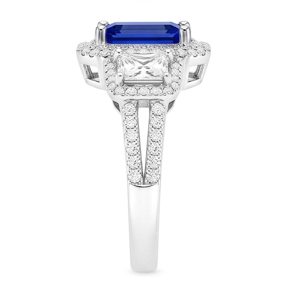 Double Halo Blue Sapphire Ring Radiant & Round Natural Earth Mined Diamonds 3.50 Carats