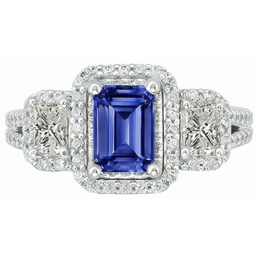 Double Halo Blue Sapphire Ring Radiant & Round Natural Earth Mined Diamonds 3.50 Carats