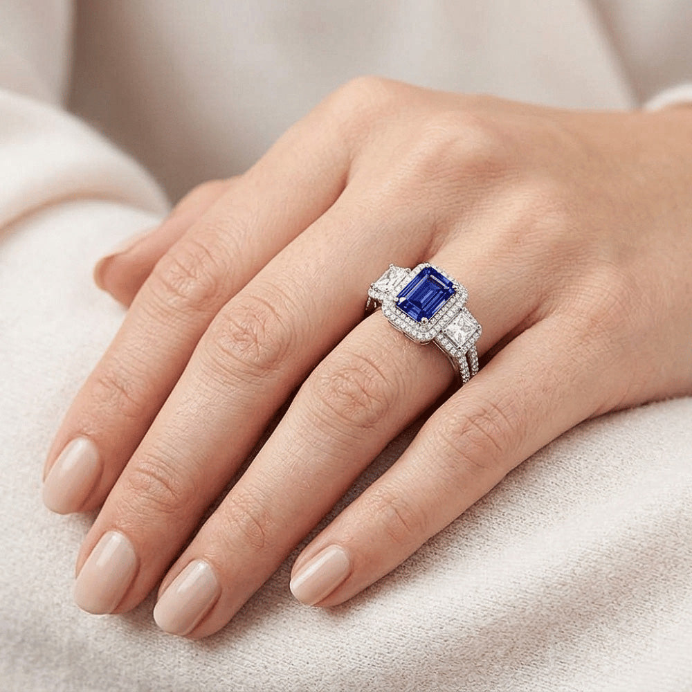 Double Halo Blue Sapphire Ring Radiant & Round Natural Earth Mined Diamonds 3.50 Carats