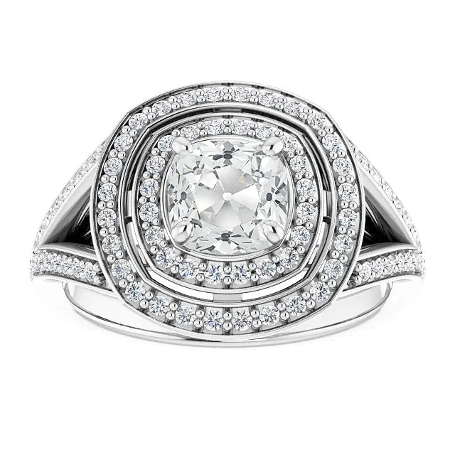Double Halo Cushion Old Cut Genuine Diamond Ring Split Shank 5.50 Carats