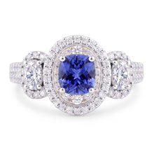 Double Halo Cushion Sapphire Ring 3 Carats White Gold 14K