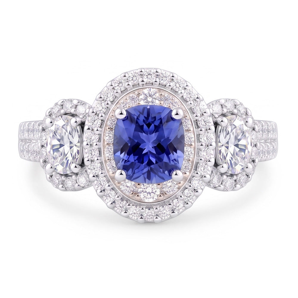 Double Halo Cushion Sapphire Ring 3 Carats White Gold 14K