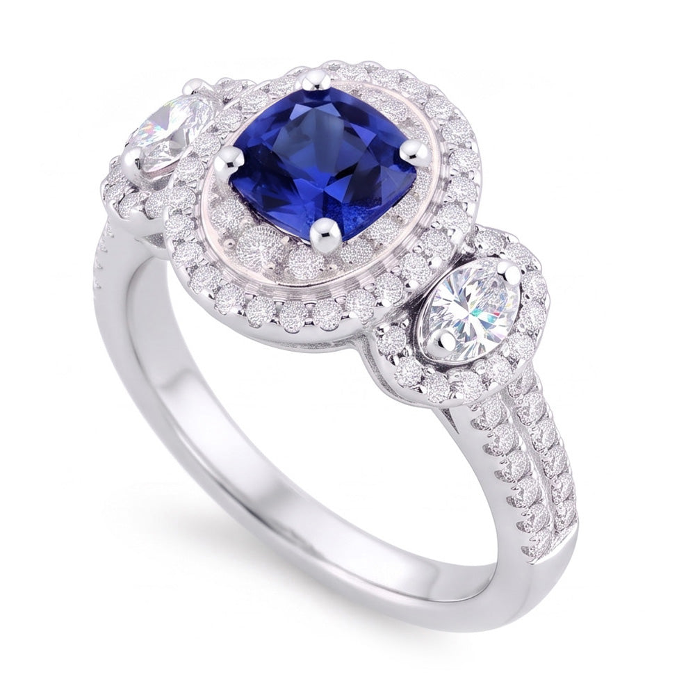 Double Halo Cushion Sapphire Ring 3 Carats White Gold 14K