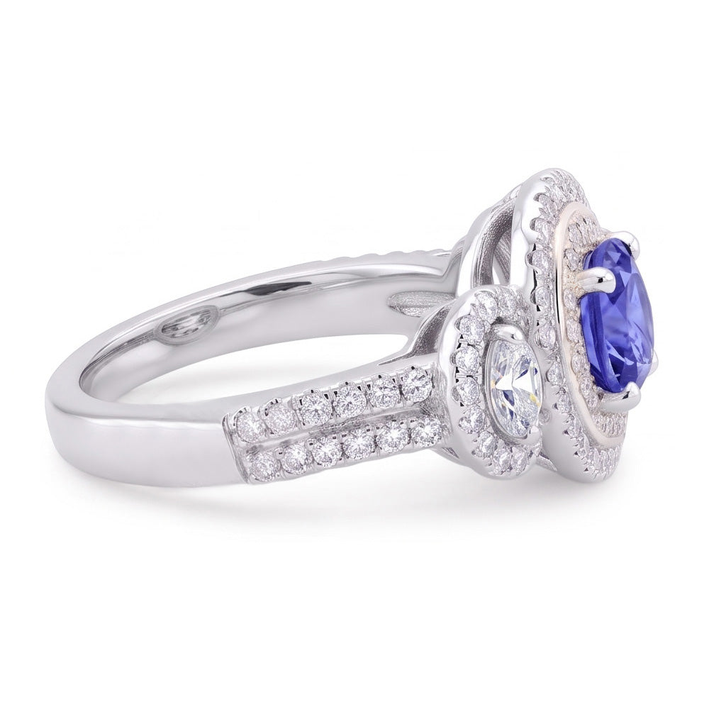 Double Halo Cushion Sapphire Ring 3 Carats White Gold 14K