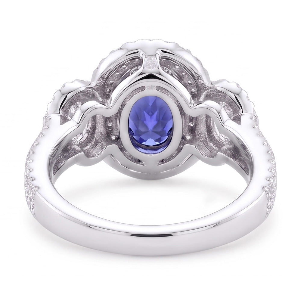 Double Halo Cushion Sapphire Ring 3 Carats White Gold 14K