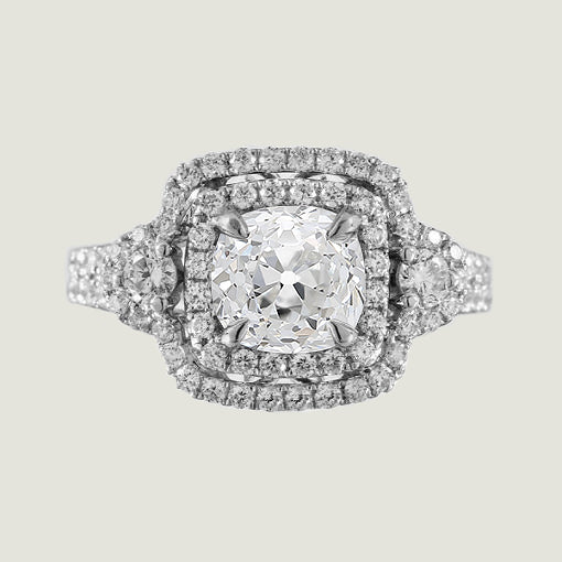Double Halo Cushion Shaped Ring Old Cut Round Genuine Diamonds 4 Carats