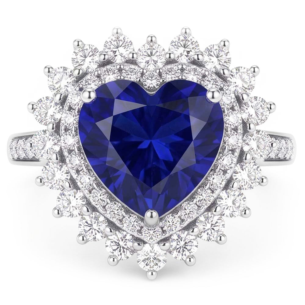 Double Halo Heart Ceylon Sapphire Ring Flower Style 4 Carats