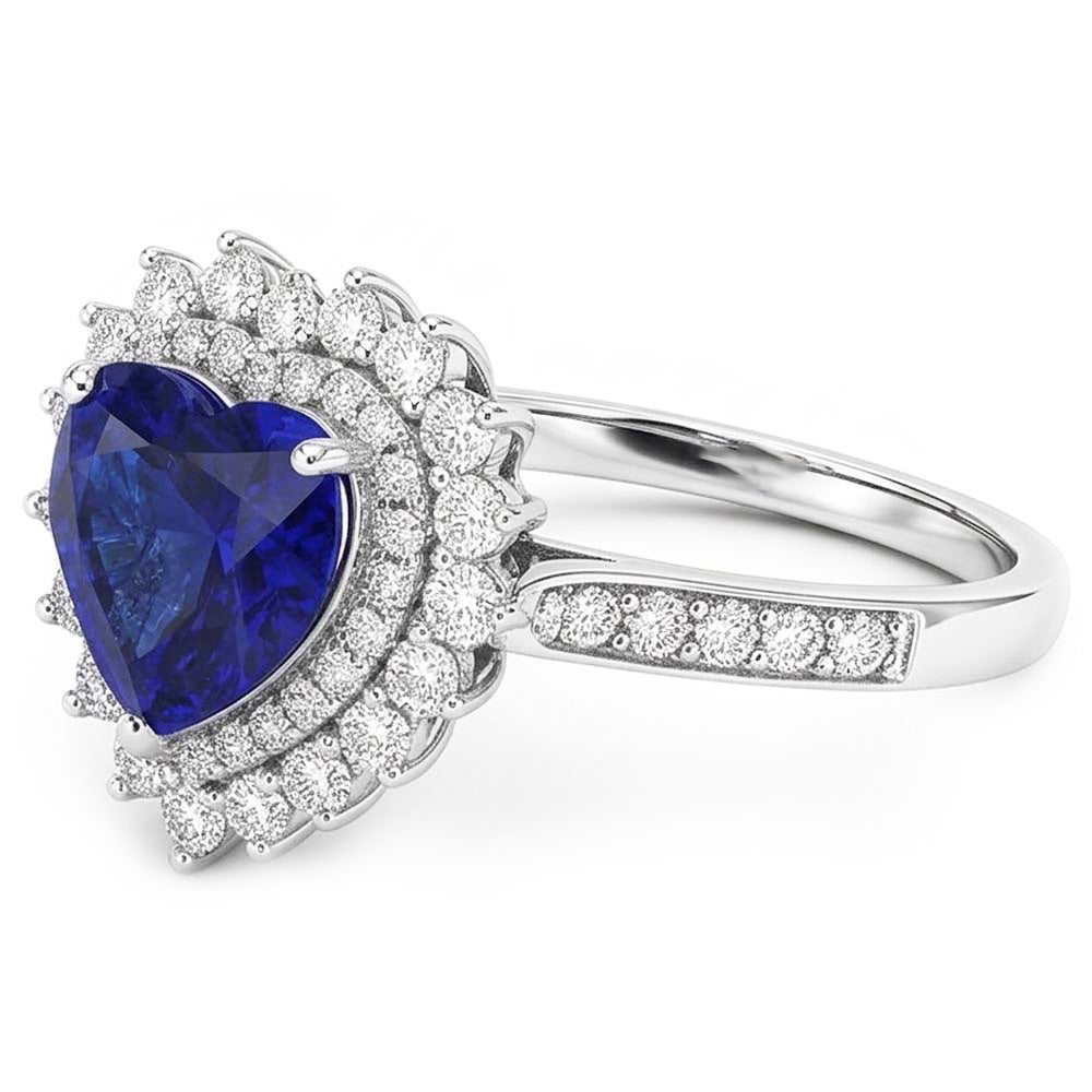 Double Halo Heart Ceylon Sapphire Ring Flower Style 4 Carats