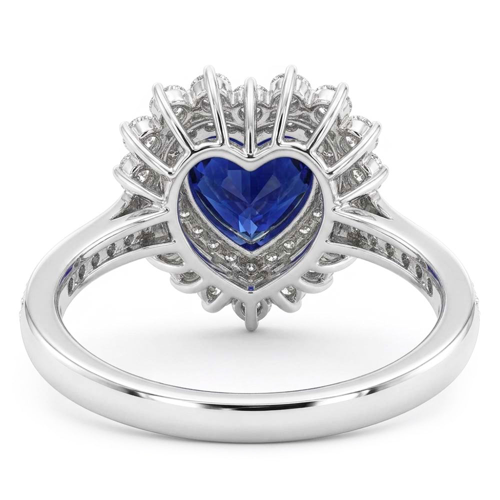 Double Halo Heart Ceylon Sapphire Ring Flower Style 4 Carats