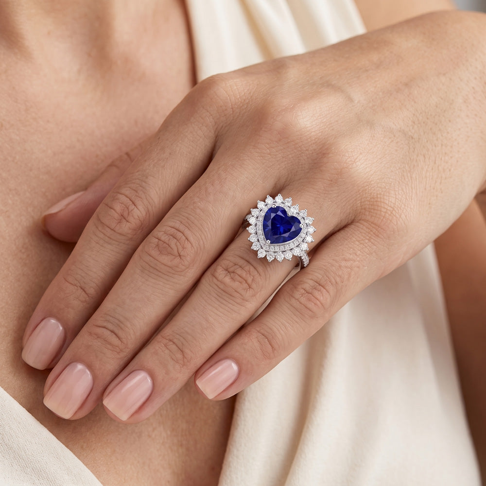 Double Halo Heart Ceylon Sapphire Ring Flower Style 4 Carats