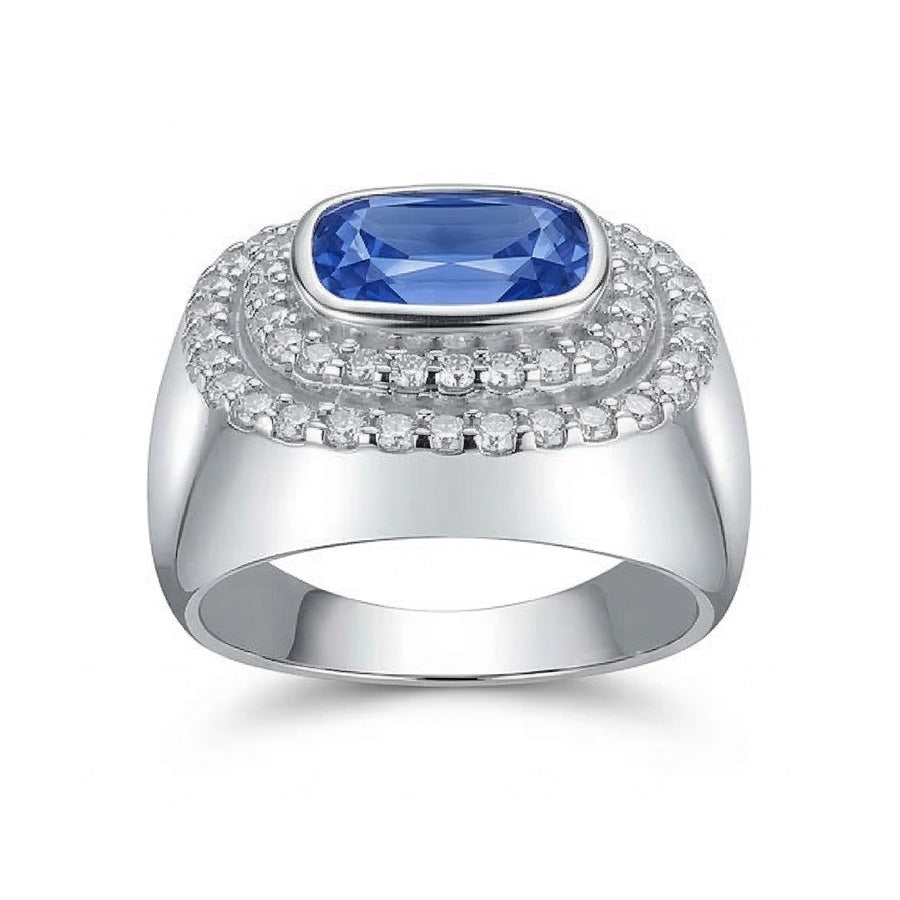 Double Halo Men's Ring Bezel Set Cushion Natural Blue Sapphire 4.50 Ct